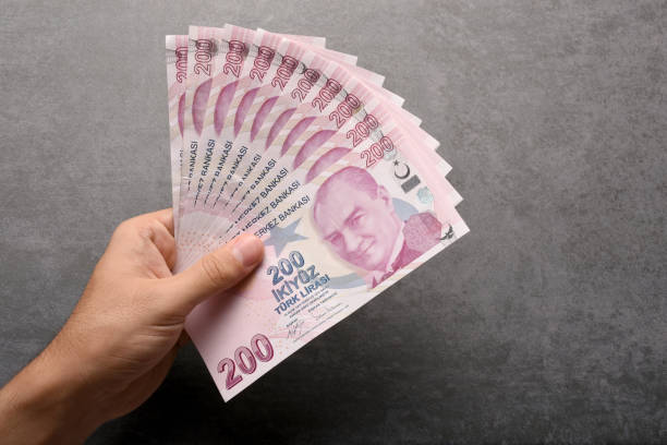 Hand holding Turkish lira banknotes stock photo