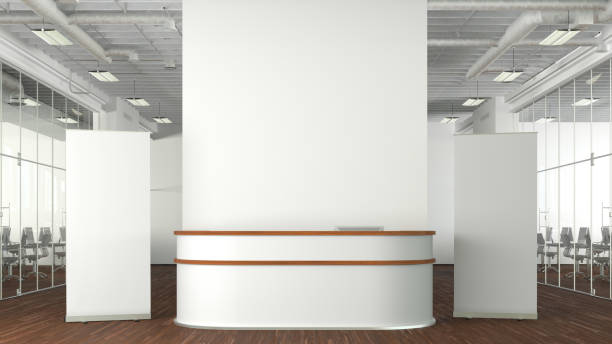 istock Blank roll up banner stands mock up in modern office. 1455340816
