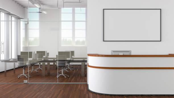 istock Blank horizontal poster mock up on the wall above office reception desk 1455341114