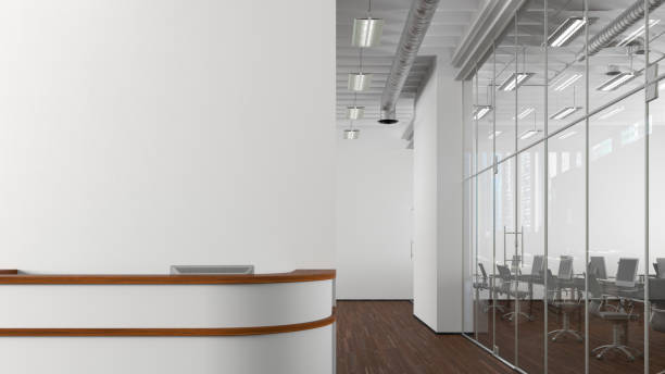 istock Blank white office wall mock up with office reception desk. 1455342121