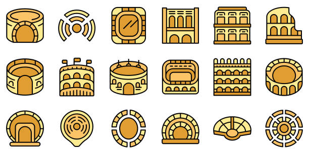 Amphitheater icons set vector flat Amphitheater icons set outline vector. Arena italy. Architecture building color thin line amphitheater stock illustrations