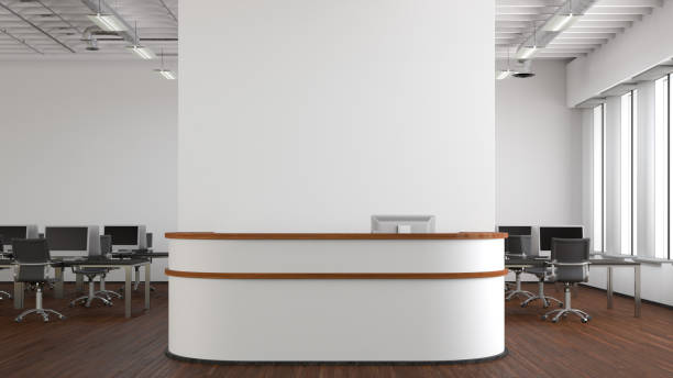 istock Blank white office wall mock up with office reception desk. 1455342272