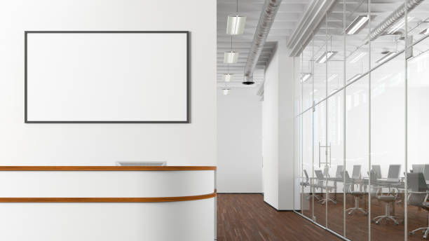 istock Blank horizontal poster mock up on the wall above office reception desk 1455343281