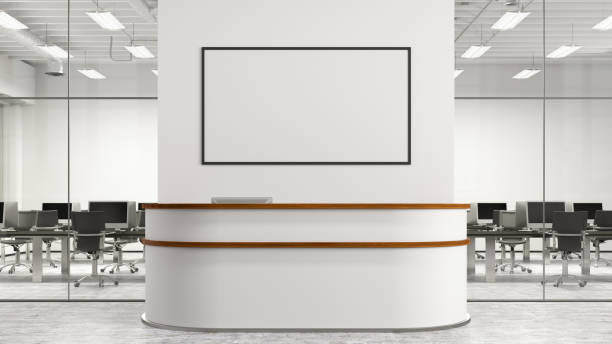 istock Blank horizontal poster mock up on the wall above office reception desk 1455343635