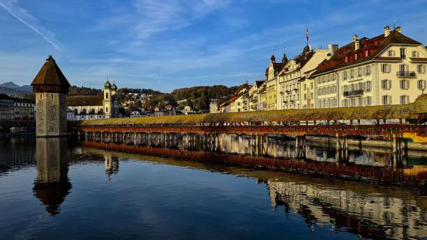 istock Chapel Bridge in Lucerne under a blue sky on a sunny day 1455344645