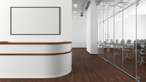 istock Blank horizontal poster mock up on the wall above office reception desk 1455344755