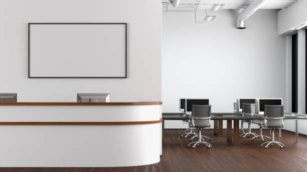 istock Blank horizontal poster mock up on the wall above office reception desk 1455344999