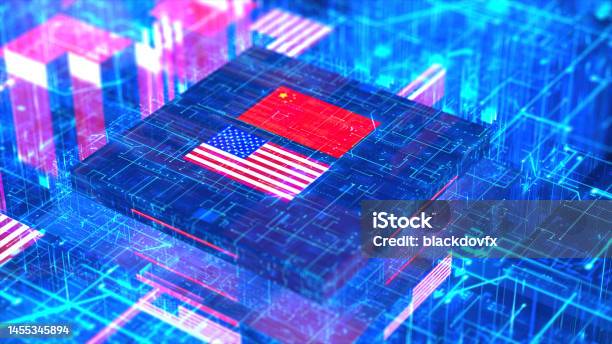Processor Unit Chip War The Chip Crisis The Worlds Big Problem China And Usa Flag Stock Photo - Download Image Now