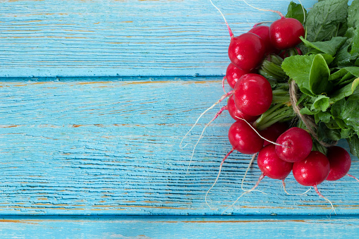 Bunch of fresh radishes with green leaves and stems on wooden table with copy space. Top view. Harvesting healthy and organic root vegetable concept.