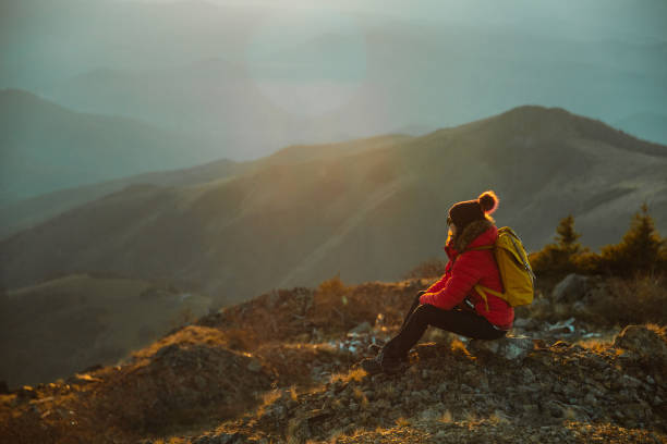 istock Female hiker resting and enjoying the view from a mountain peak 1455346194