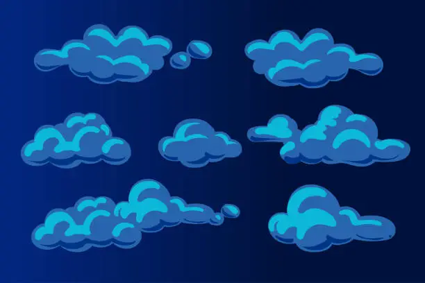 Vector illustration of Night clouds in moon light set. Cartoon fluffy clouds in vector.