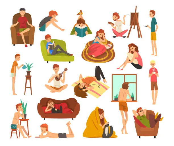 Vector illustration of People Characters Spending Weekend Staying Home Engaged in Different Activity Big Vector Set