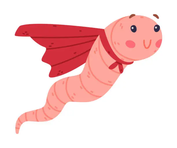 Vector illustration of Funny Pink Worm Character with Long Body Wearing Red Cape Vector Illustration