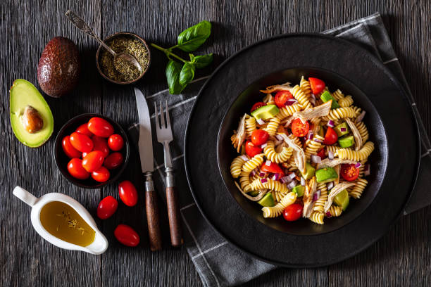istock Chicken Pasta Salad with Avocado, Tomato in bowl 1455347353