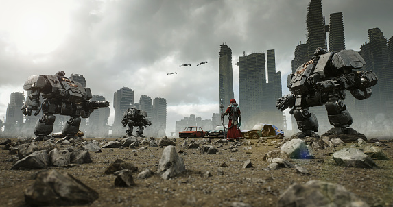 Digitally generated futuristic battle zone/warzone depicting a highly advanced machine-human hybrid tech priest that guide mighty war machines through a desolate wasteland which was once a huge metropolis with tall buildings, that now lies all in ruins after a devastating world war or a global outbreak/pandemic.

The scene was created in Autodesk® 3ds Max 2023 with V-Ray 6 and rendered with photorealistic shaders and lighting in Chaos® Vantage with some post-production added.