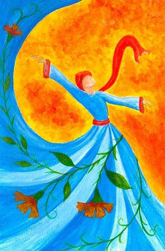 Dervish. Symbolic acrylic illustration of Mevlevi mystical dance.