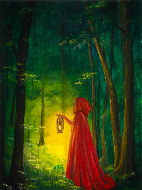 illustrations, cliparts, dessins animés et icônes de peinture acrylique d’une femme en manteau rouge dans la forêt. - fairy forest women magic