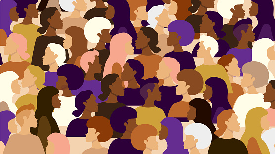 Vector illustration of multi-racial group of women in abstract colors. Pattern does not repeat. Different silhouettes showing togetherness, women's rights. Fully editable vector eps.