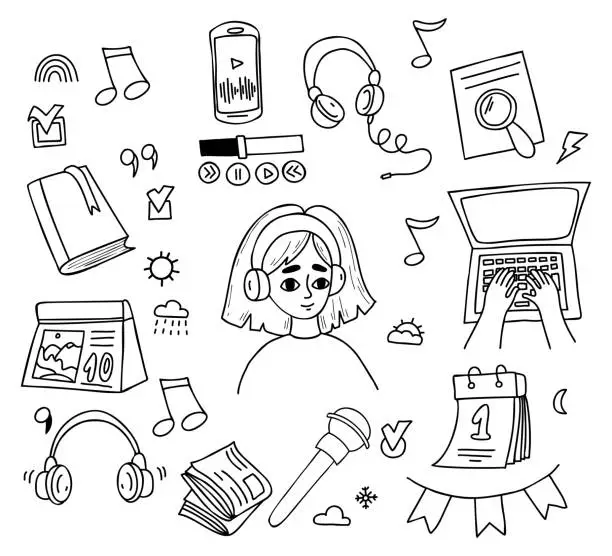 Vector illustration of Collection doodles podcast. Cute girl in headphones listens to music. Phone, microphone, hands typing on laptop, book and papers. Vector illustration. Isolated outline hand drawings.