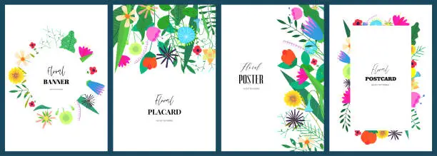 Vector illustration of Poster templates with abstract drawing flowers. Floral art hand drawn placard set. Botanical elements on spring holiday cover collection. Banners with summer blooms. Herbal plants postcard design