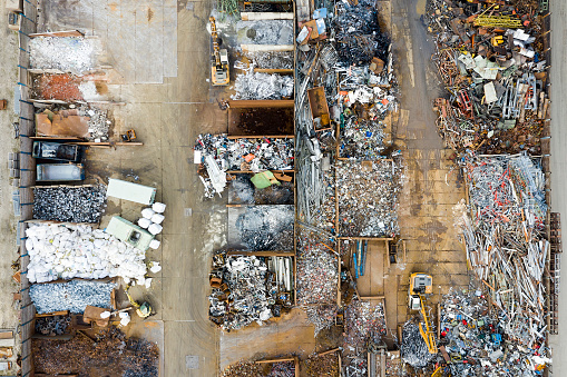Directly above view of scrap metal yard.