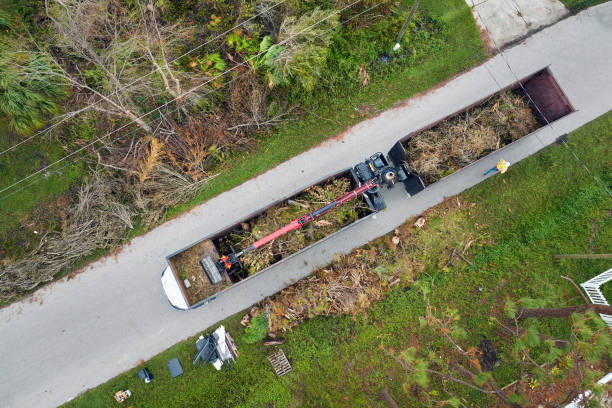 un camion à benne basculante spécial de récupération des conséquences ramassant des débris de végétation dans les rues de banlieue après que l’ouragan ian a balayé la floride. faire face aux conséquences des catastrophes naturelles - tornado storm road disaster photos et images de collection