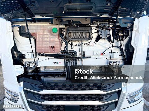 istock The engine compartment of a truck. Close-up view of the engine compartment 1455365583