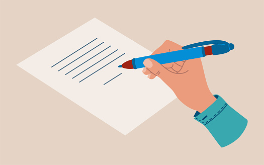 Hand holding pen and writes on sheet of paper. Hand drawn vector illustration isolated on light background. Flat cartoon style.