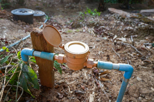 istock water meter on water pipe pvc on the ground, old water meter for check household water usage estimates in the village 1455368828