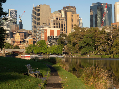 Melbourne skyline next to the Yarra River and Princes Bridge, St Kilda road