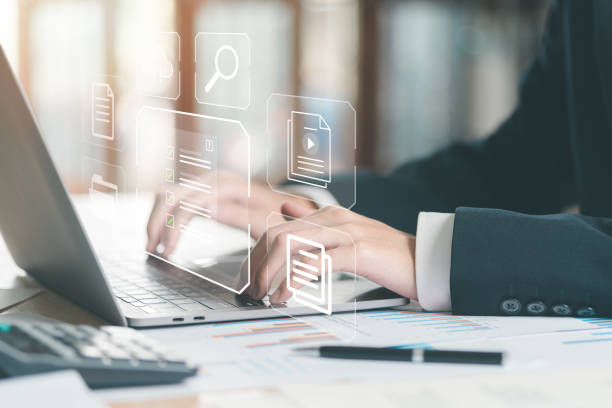 istock Businessman checking the steps through a virtual online document with a list of checkboxes Concepts of practices and policies, company articles of association Terms and Conditions,Document Management 1455373994