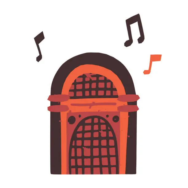 Vector illustration of A cute retro jukebox, playing old songs, a musical juke machine, dance apparat with musical notes flying nearby. Vector isolated hand-drawn illustration.