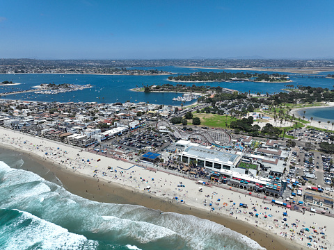 Aerial view of Mission Bay and beach in San Diego, Famous tourist destination, California. USA. September 22nd, 2022