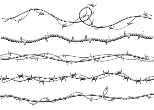 Barbed wire set. Fencing strong sharply pointed elements, twisted around, art pattern. Industrial barbwires, protection concept design. Modern metallic sharp elements for area protection.