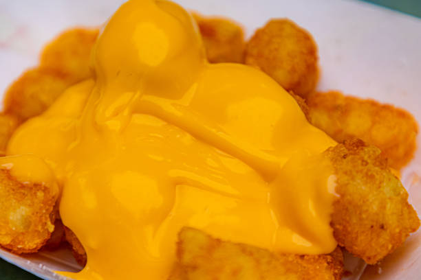 Mix plater snack: french fries, fried sausage, corn tortilla, and others with sauce on white plate.