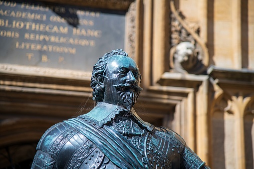 Oxford, United Kingdom - April 15, 2022: Statue of William Herbert, Earl of Pembroke in Oxford Old Bodleian Library