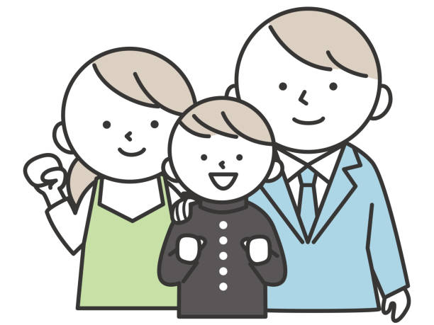 A son in school uniform and his parents. Parents encouraging a student taking an entrance exam. A son in school uniform and his parents. Parents encouraging a student taking an entrance exam. family reunion clip art stock illustrations