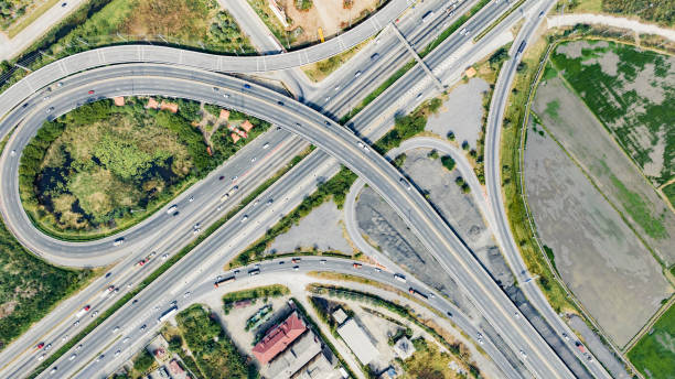 istock Aerial view of large highway interchange. 1455381002