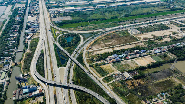 istock Aerial view of large highway interchange. 1455381059