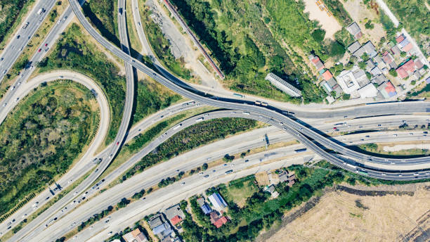 istock Aerial view of large highway interchange. 1455381076