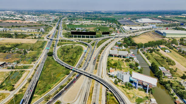 istock Aerial view of large highway interchange. 1455381089