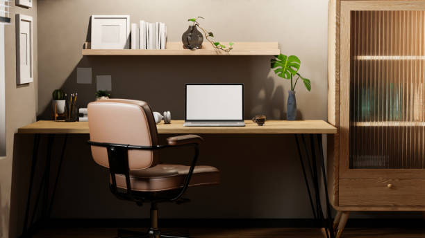 istock Modern and comfortable working room interior design with laptop computer on wooden desk 1455383403