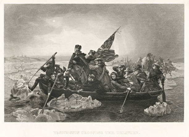 President George Washington crossing the Delaware engraving 1898 President George Washington crossing the Delaware engraving 1898 us president stock illustrations