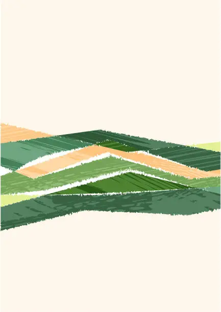 Vector illustration of Green abstract agriculture field vector leaflet. Agro card template, farm presentation. Vertical a4 layout with nature theme. Minimalist shape, agri design. Field view, texture background