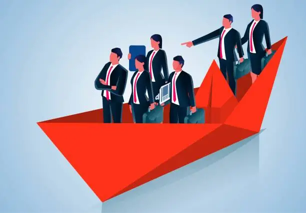 Vector illustration of Teamwork or strategic adventures, exploring marketing channels, business visions, business plans and goals, equidistant business teams standing in a paper boat and sailing forward