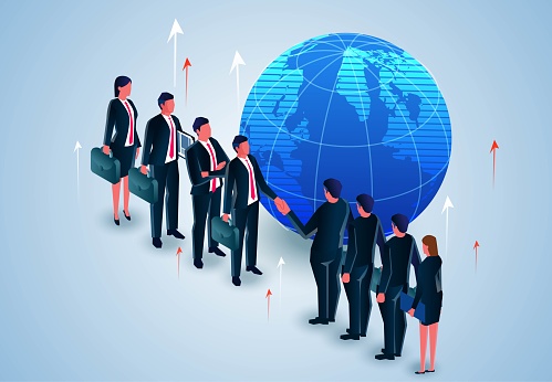 Global business cooperation or signing cooperation agreements, global partners, working together, teamwork, reaching something that promotes global business cooperation and business success, isometric two groups of businessmen