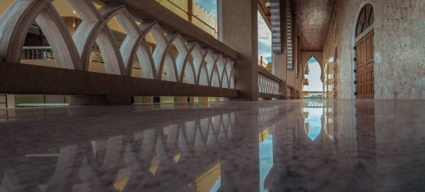 vista interior en perspectiva decreciente del pasillo en el balcón del edificio hermosa mezquita. - sharia fotografías e imágenes de stock