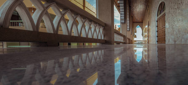 Diminishing perspective interior view of the corridor at balcony of the building beautiful mosque. Bangkok, Thailand - 05 Jan, 2022 - Diminishing perspective interior view of the corridor at balcony of the building beautiful mosque. Mosque architecture and art concept, Muslim mosque, Islamic mosque, Panorama shot, Space for text. sharia stock pictures, royalty-free photos & images