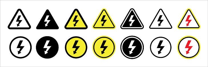 High voltage icon set. High voltage sign in triangle and circle shape. Electric shock risk label. Vector stock illustration.