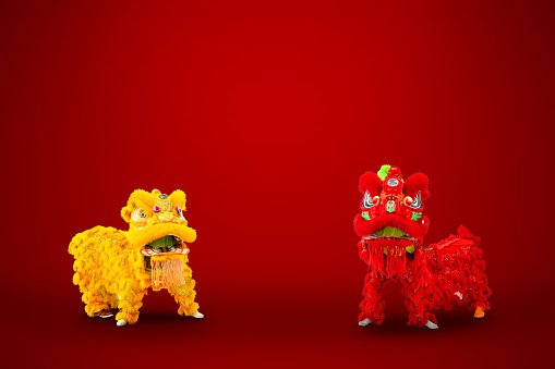 The Lunar new year celebration in China, This is a couple of Chinese lion dancers performed with dragon drum, a traditional dance while the country remained isolated due to the ongoing festival.